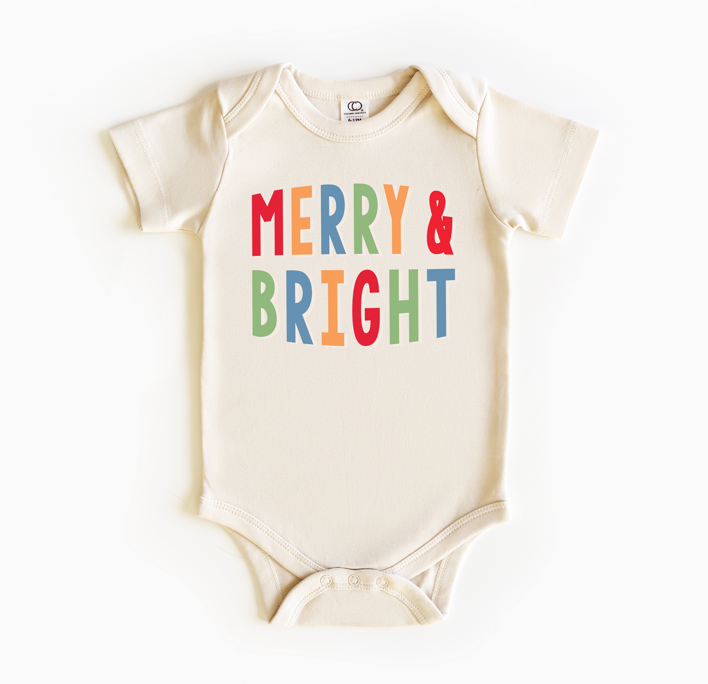 a baby bodysuit with merry and bright written on it