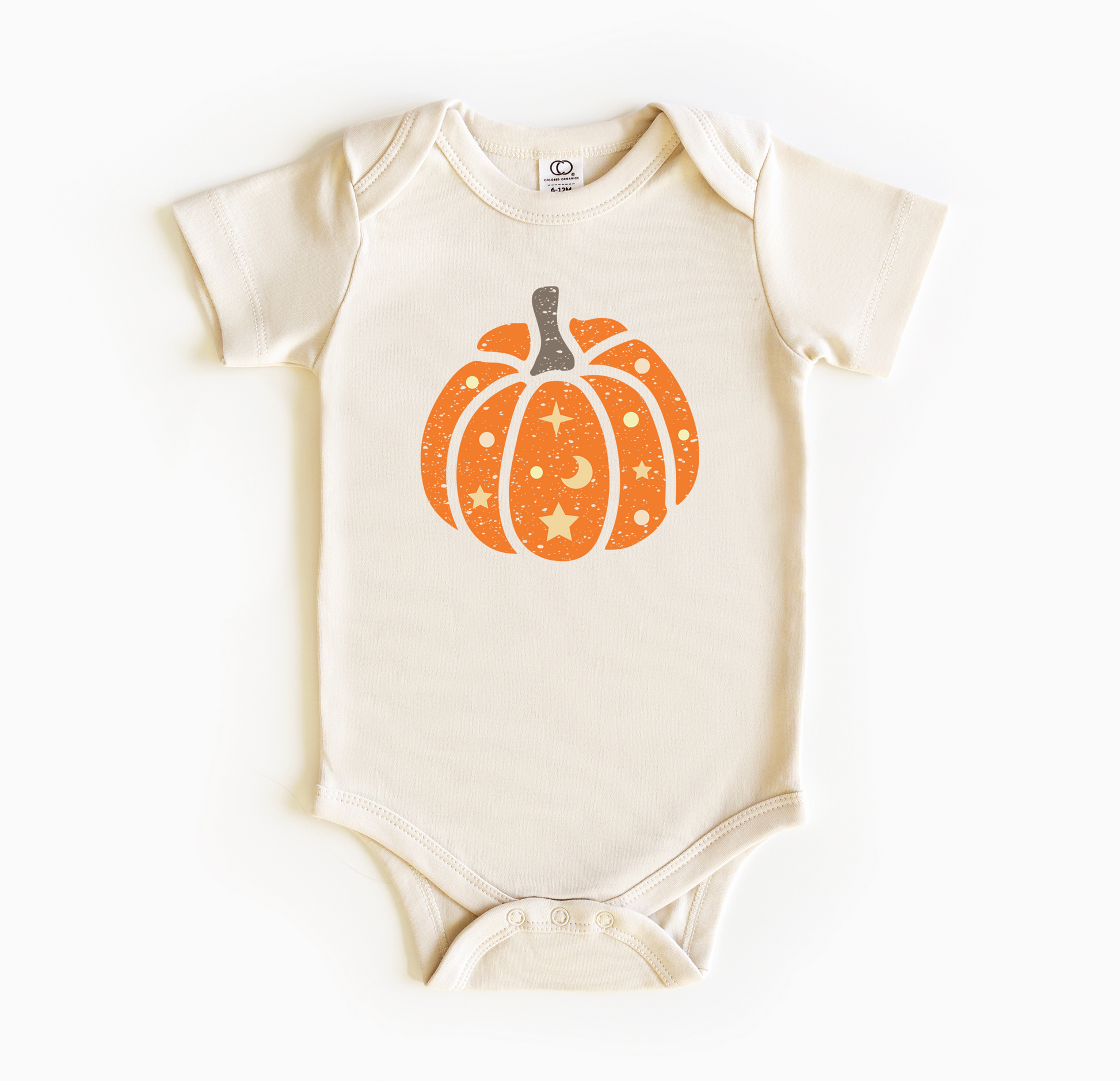 a white bodysuit with an orange pumpkin on it