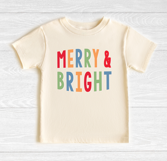 a white t - shirt with merry and bright on it